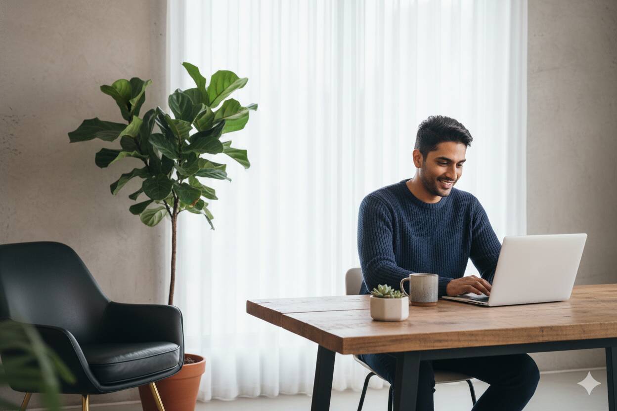 Smiling person using a laptop at a wooden table in a bright, minimal home office with plants.